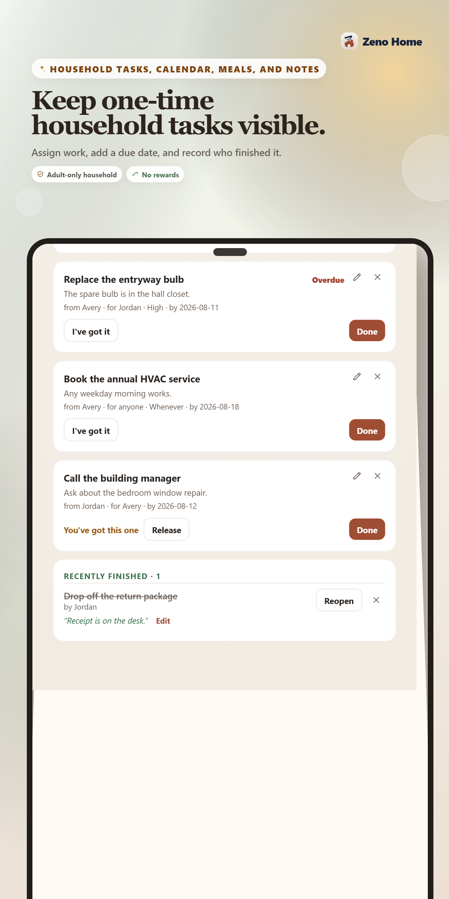 Adult tasks with owners, due dates, completion controls, and a recently finished task.