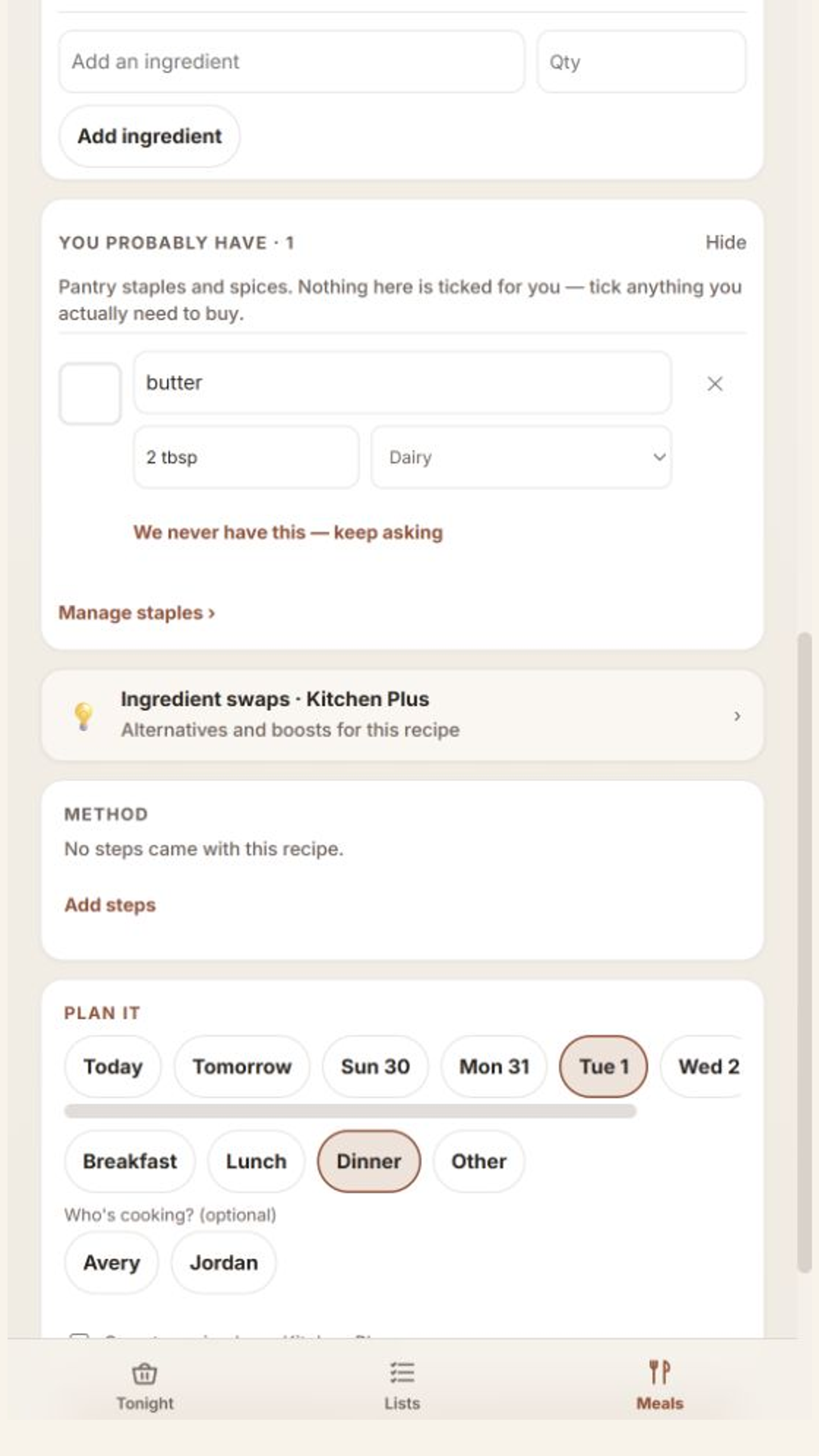 The actual ingredient review showing an editable butter quantity, an unchecked pantry item, ingredient controls, and optional meal planning.