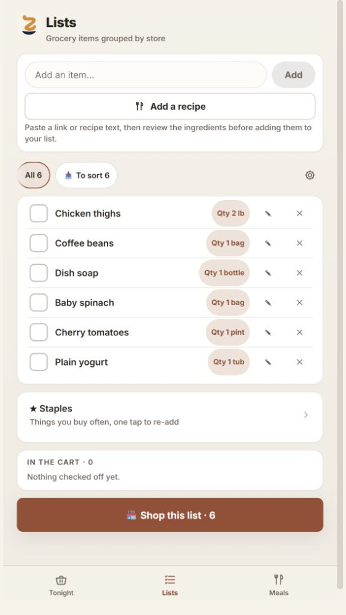 The actual grocery list with ingredient names, quantities, store grouping, and shopping checkboxes.