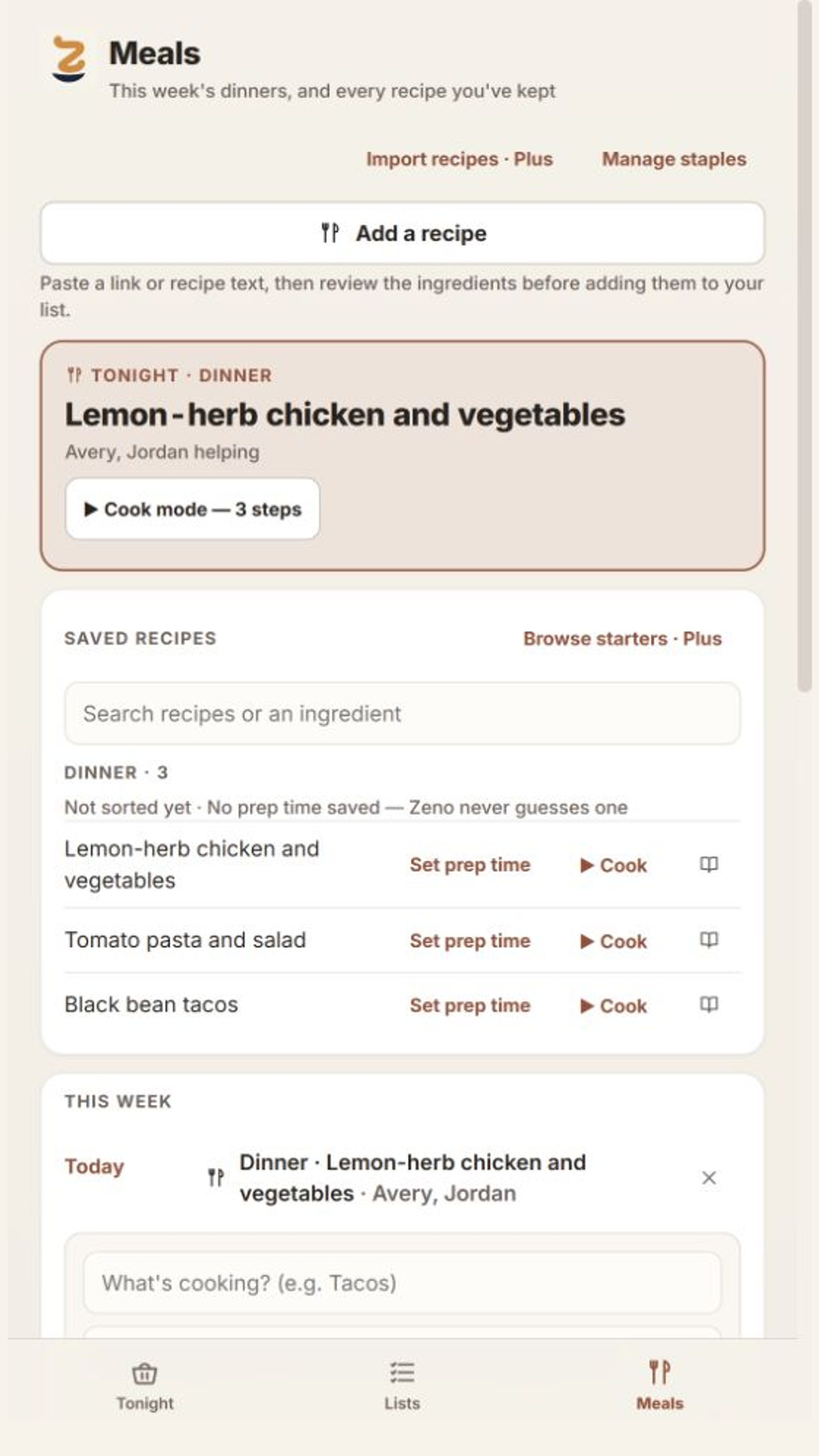 Saved recipes, tonight’s cook mode, and the weekly meal plan.