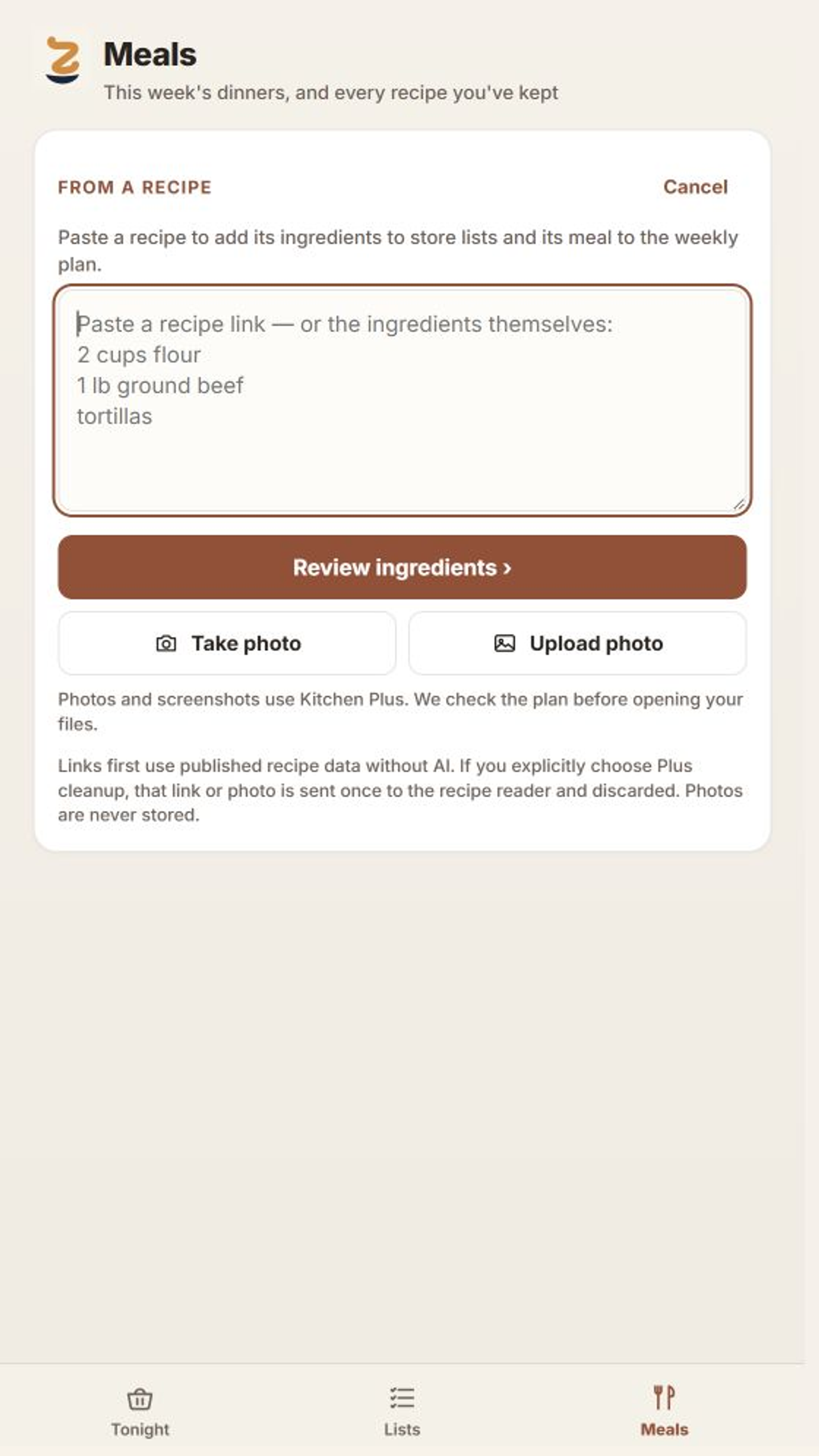 The actual Add a recipe screen with a recipe text field, Review ingredients button, and photo options labeled Kitchen Plus.
